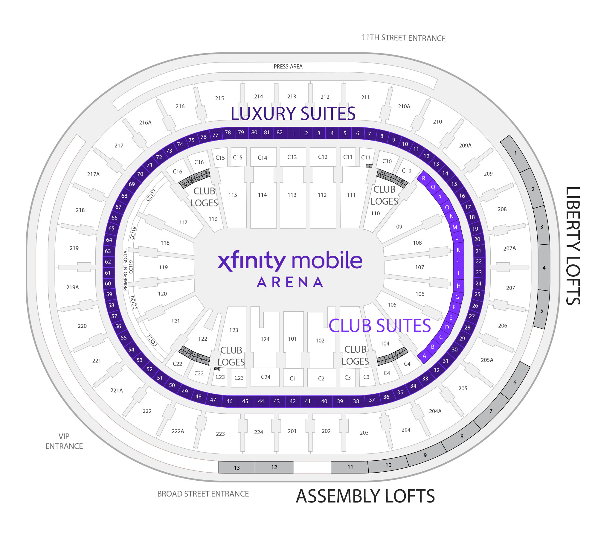 Xfinity Mobile Arena Suite Map and Seating Chart